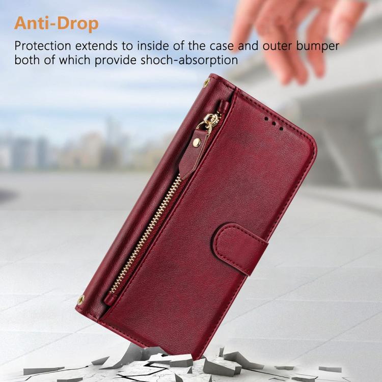 Funda de cuero con cremallera y ranuras para múltiples tarjetas para Infinix GT 30 Pro (rojo oscuro)