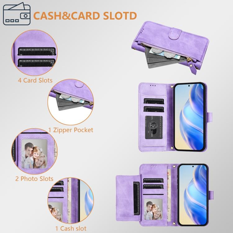 Funda de cuero con cremallera y ranuras para múltiples tarjetas para Infinix GT 30 Pro (morado)