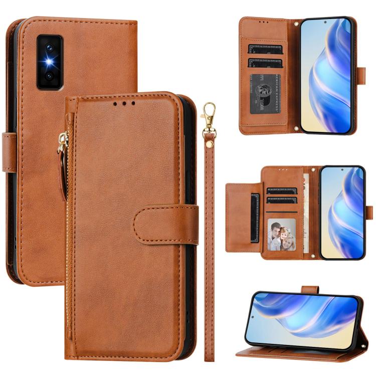 Funda de cuero con cremallera y ranuras para múltiples tarjetas para Infinix GT 30 Pro (marrón)