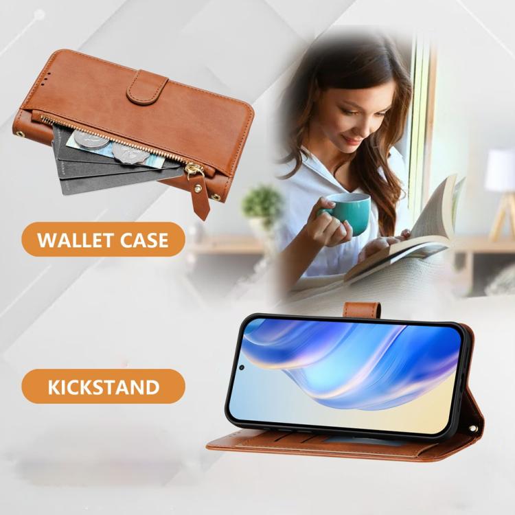 Funda de cuero con cremallera y ranuras para múltiples tarjetas para Infinix GT 30 Pro (marrón)