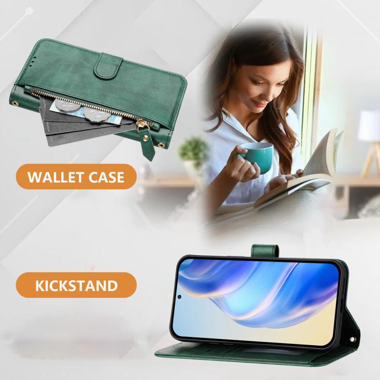 Funda de cuero con cremallera para Infinix Smart 10 4G con ranuras para múltiples tarjetas (verde)