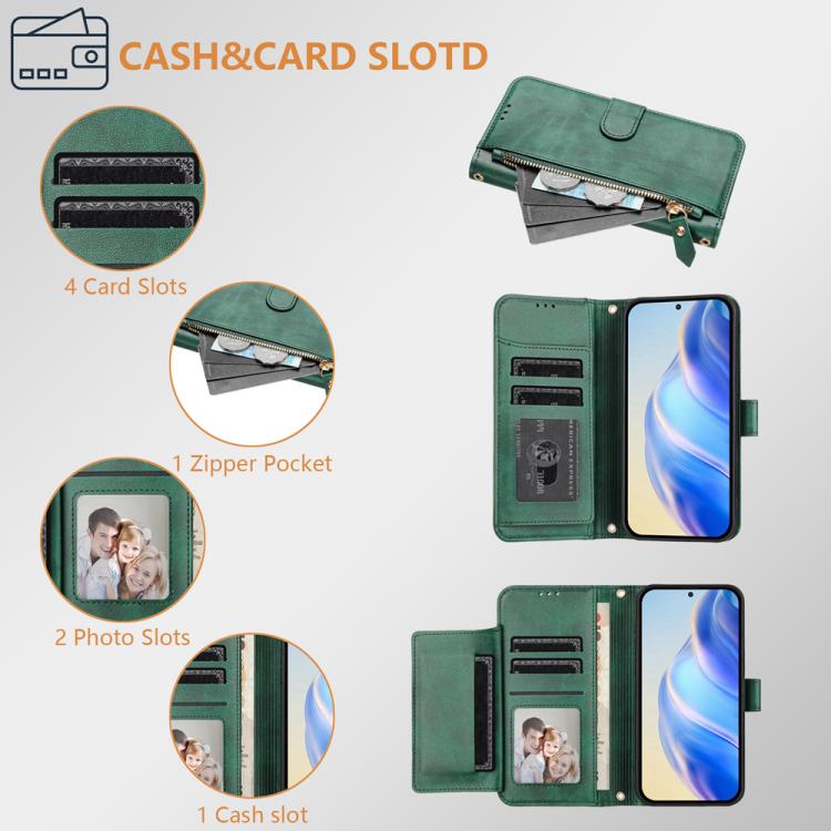 Funda de cuero con cremallera para Infinix Smart 10 4G con ranuras para múltiples tarjetas (verde)