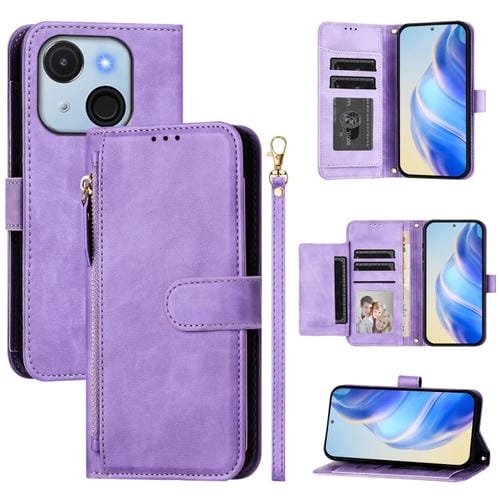 Funda de Cuero con Cremallera y Ranuras para Tarjetas para Itel A50C (Morado)