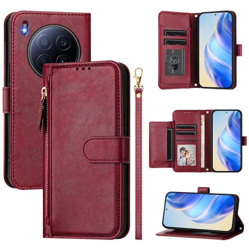 Funda de cuero con cremallera para Tecno Camon 40 Premier, con ranuras para tarjetas y billetera (rojo oscuro)