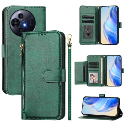 Funda de Cuero con Cremallera y Ranuras para Tarjetas para TCL 50 Pro Nxtpaper (Verde)
