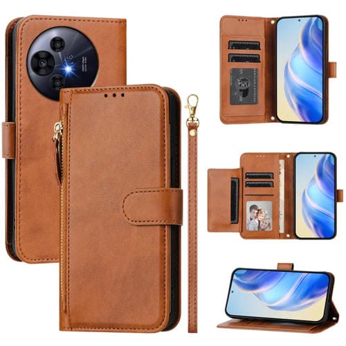 Funda de Cuero para TCL 50 Pro Nxtpaper con Cremallera y Ranuras para Tarjetas (Marrón)