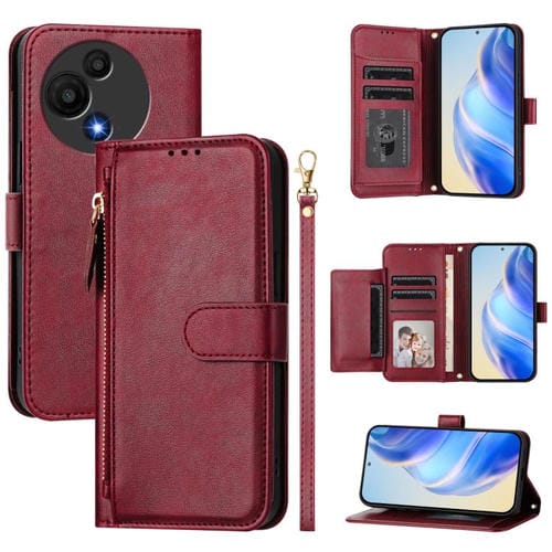Funda de cuero con cremallera y ranuras para múltiples tarjetas para TCL 605 / TCL 60 SE (rojo oscuro)