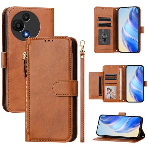 Funda de cuero con cremallera y ranuras para múltiples tarjetas para TCL 605 / TCL 60 SE (marrón)