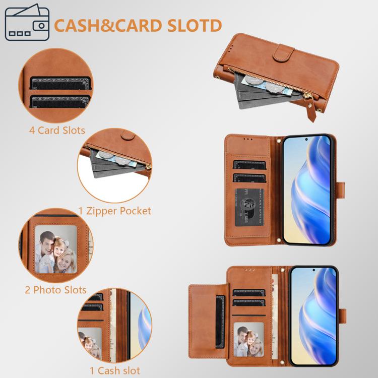 Funda de cuero con cremallera y ranuras para múltiples tarjetas para TCL 605 / TCL 60 SE (marrón)
