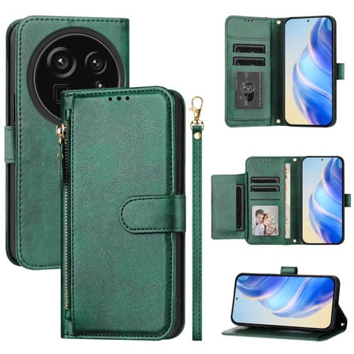 Funda de Cuero con Cremallera y Ranuras para Tarjetas para Sharp Aquos R9 Pro (Verde)