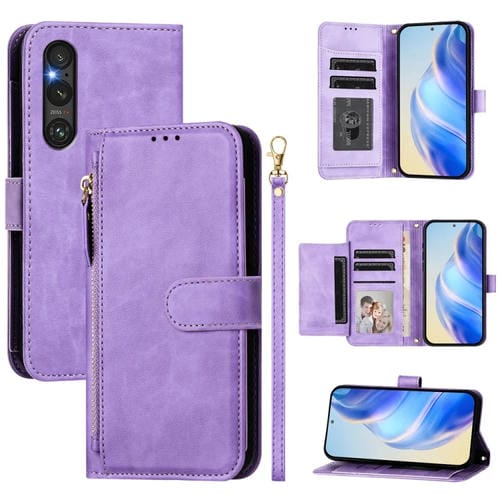 Funda de Cuero Tipo Billetera con Cremallera y Ranuras para Tarjetas para Sony Xperia 1 V (Morado)