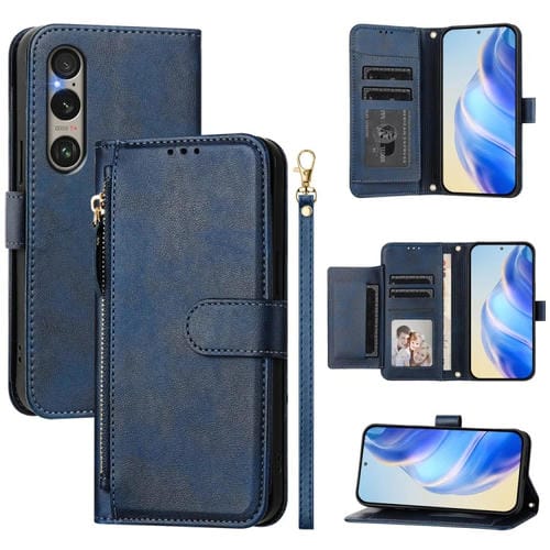 Funda de Cuero para Sony Xperia 1 Vi con Cremallera y Ranuras para Tarjetas (Azul)