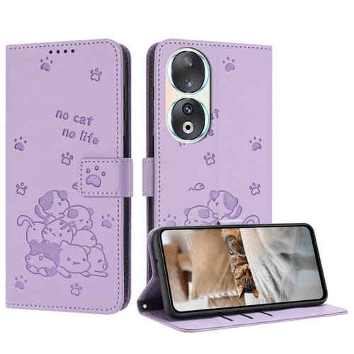Funda de Cuero para Honor 90 con Diseño de Gatito en Relieve y Cordón (Morado)
