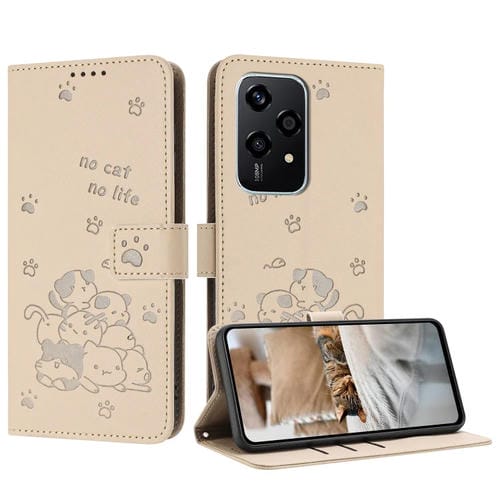 Funda de Cuero con Estampado de Gatito y Cordón para Honor 200 Lite 5G (Beige)