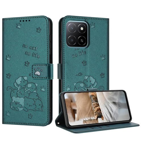 Funda de Piel para Honor X5B y X5B Plus con Diseño de Gatito en Relieve y Cordón (Verde Oscuro)