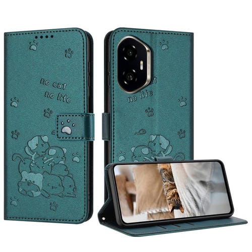 Funda de Cuero para Honor 300 con Diseño de Gatito en Relieve y Cordón (Verde Oscuro)