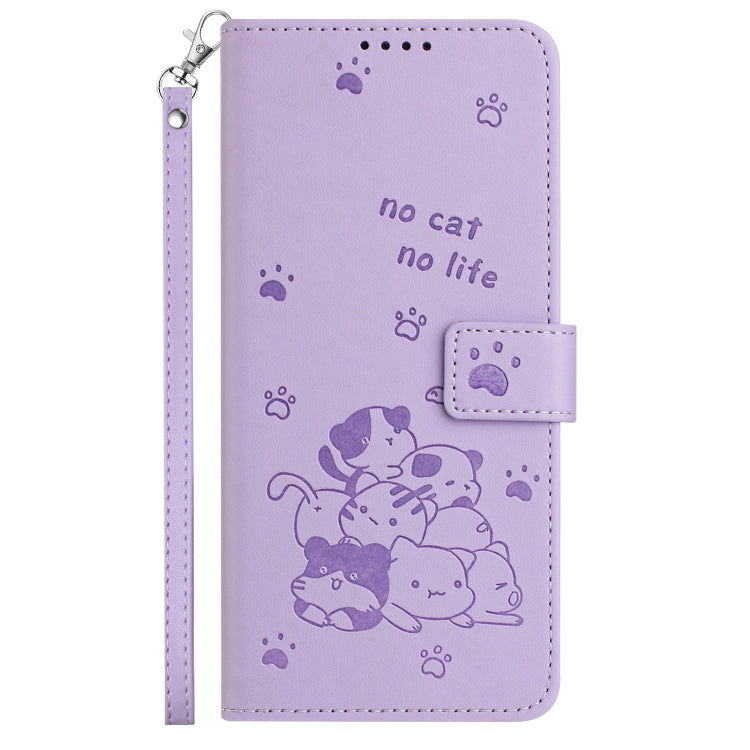Funda de Cuero con Cordón para Teléfono Itel A80 con Diseño de Gatito en Relieve (Morado)