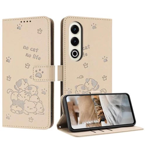 Funda de Cuero con Cordón para Teléfono Itel S25 con Gatito en Relieve (Beige)