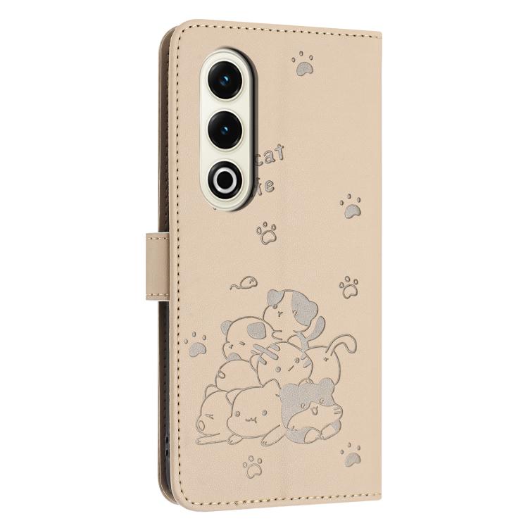 Funda de Cuero con Cordón para Teléfono Itel S25 con Gatito en Relieve (Beige)