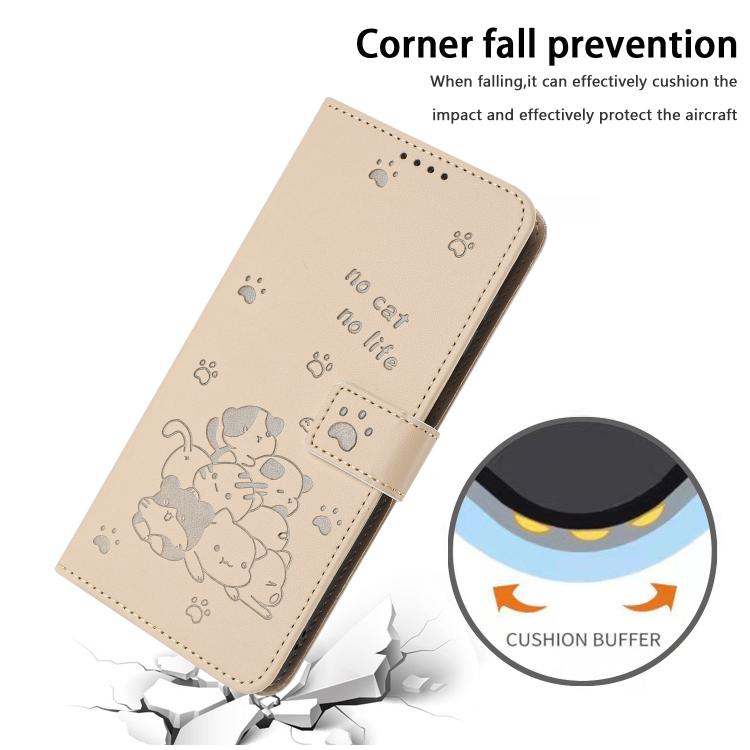 Funda de Cuero con Cordón para Teléfono Itel S25 con Gatito en Relieve (Beige)