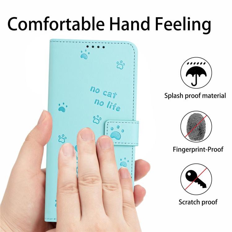 Funda de Cuero con Cordón para Itel S25 con Gatito en Relieve (Verde Menta)