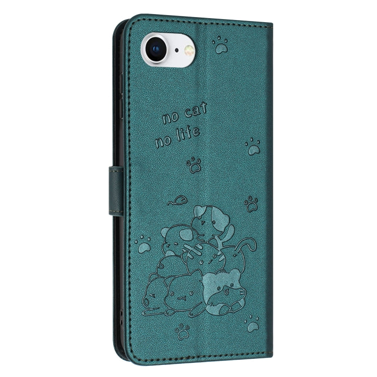 Funda de Piel para iPhone 16E Diseño de Gatito En Relieve con Cordón (Verde Oscuro)