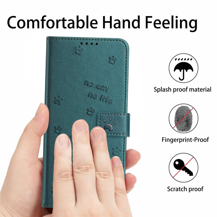Funda de Piel para iPhone 16E Diseño de Gatito En Relieve con Cordón (Verde Oscuro)