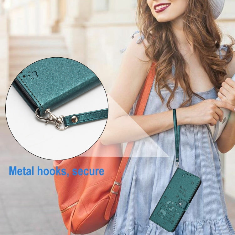 Funda de Piel para iPhone 16E Diseño de Gatito En Relieve con Cordón (Verde Oscuro)