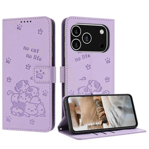 Funda de piel con diseño de gatito en relieve para iPhone 17 Pro con cordón (morado)