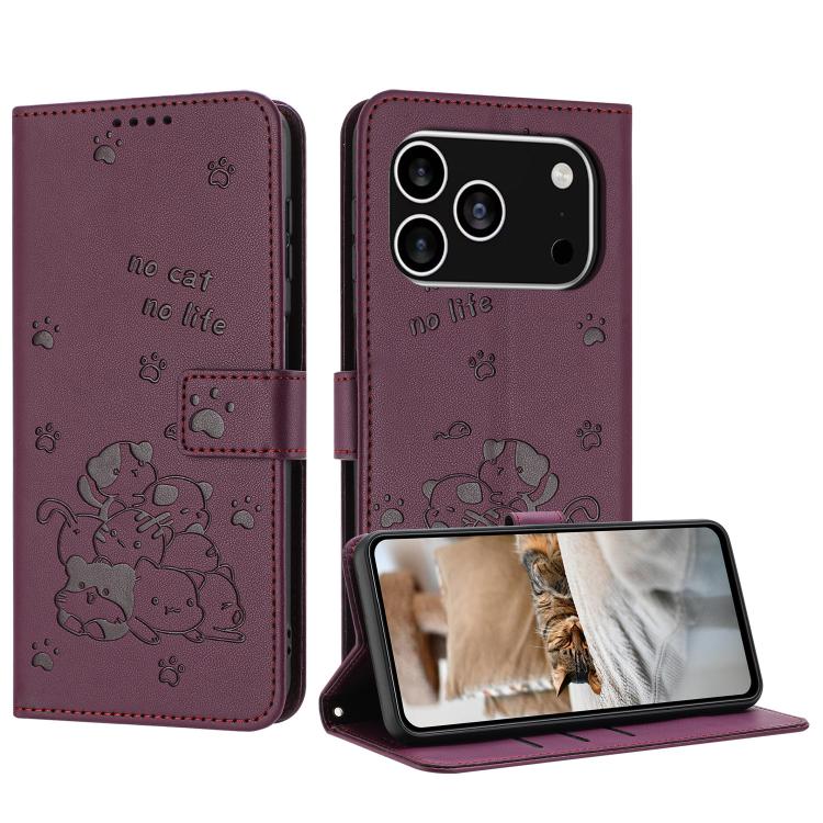 Funda de piel con diseño de gatito en relieve para iPhone 17 Pro con cordón (rojo vino)
