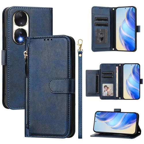 Funda de Cuero con Cremallera y Ranuras para Múltiples Tarjetas para Honor 90 (Azul)