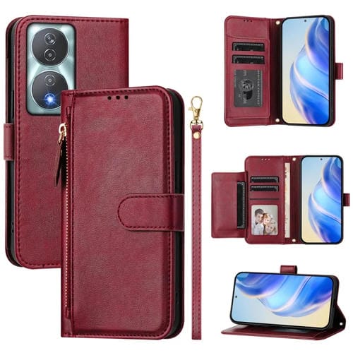 Funda de Cuero con Cremallera y Ranuras para Múltiples Tarjetas para Honor 90 Smart / X7B 4G / 5G (Rojo Oscuro)