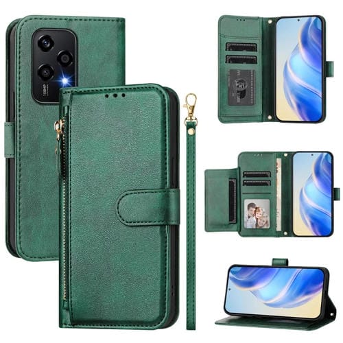 Funda de Cuero con Cremallera y Ranuras para Múltiples Tarjetas para Honor 200 Lite (Verde)
