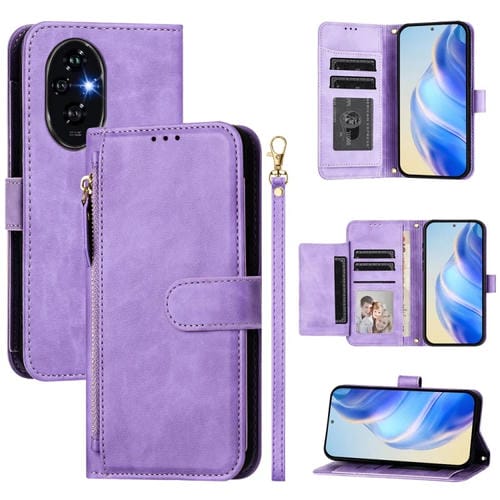 Funda de Cuero para Honor 200 Pro con Cremallera y Ranuras para Tarjetas (Morado)