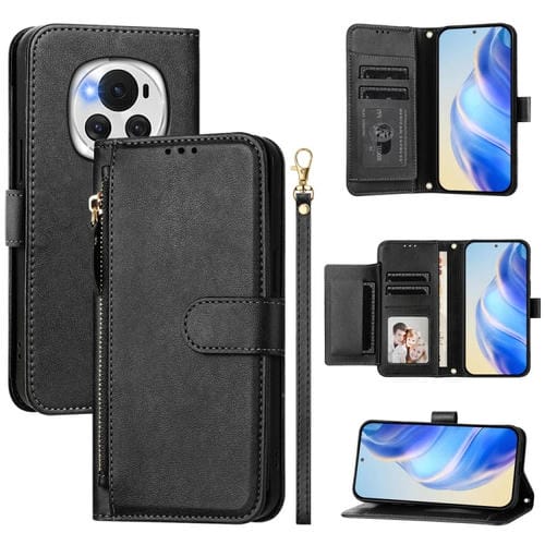 Funda de Cuero con Cremallera y Ranuras para Tarjetas para Honor Magic6 5G (Negro)