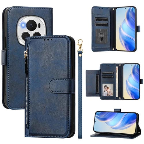 Funda de Cuero con Cremallera y Ranuras para Tarjetas para Honor Magic6 Pro 5G (Azul)