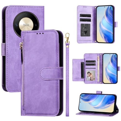 Funda de Cuero con Cremallera y Ranuras para Múltiples Tarjetas para Honor X9B y Magic6 Lite 5G (Morado)