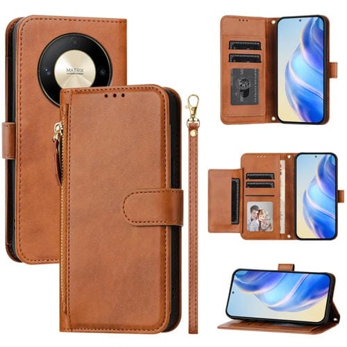Funda de Cuero con Cremallera y Ranuras para Tarjetas para Honor X9B / Magic6 Lite 5G (Marrón)
