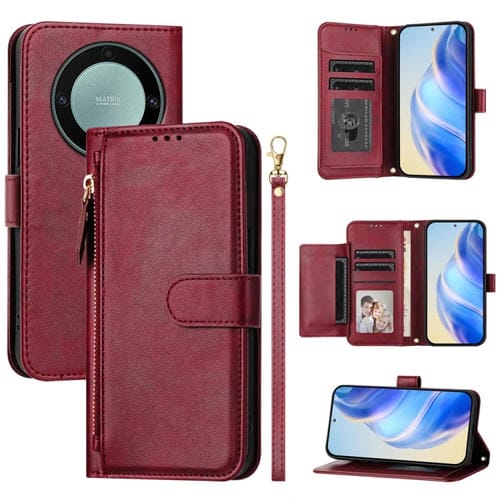Funda Cuero Tipo Billetera con Cremallera y Ranuras para Honor X40 / X9A / Magic5 Lite (Rojo Oscuro)