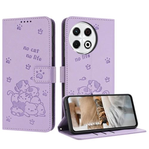 Funda de Cuero para Tecno Spark 30 Pro con Diseño de Gatito en Relieve y Cordón (Morado)