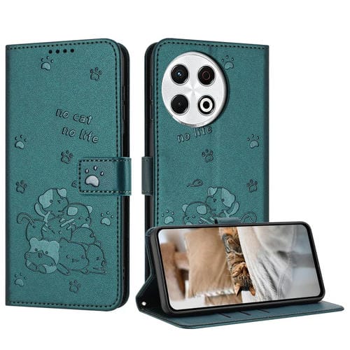 Funda de Cuero para Tecno Spark 30 Pro con Diseño de Gatito En Relieve y Cordón (Verde Oscuro)