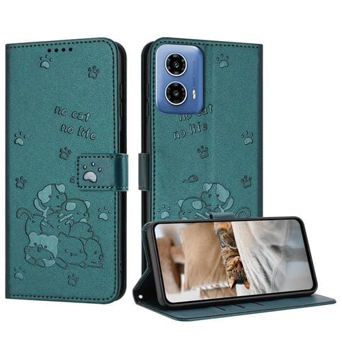 Funda de Cuero Motorola Edge 50 Fusion con Diseño de Gatito en Relieve y Cordón (Verde Oscuro)