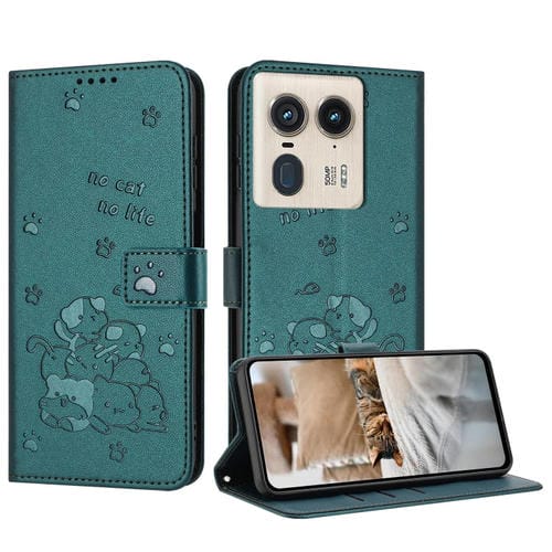 Funda de Cuero Motorola Edge 50 Ultra con Diseño de Gatito en Relieve y Cordón (Verde Oscuro)