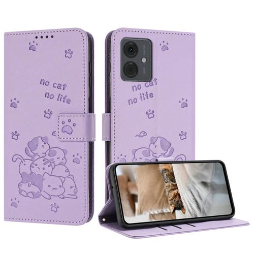 Funda de Cuero Motorola Moto G14 con Diseño de Gatito en Relieve y Cordón (Morado)