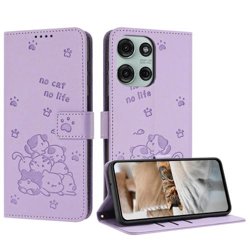 Funda de Cuero Motorola Moto G75 con Diseño de Gatito en Relieve y Cordón (Morado)