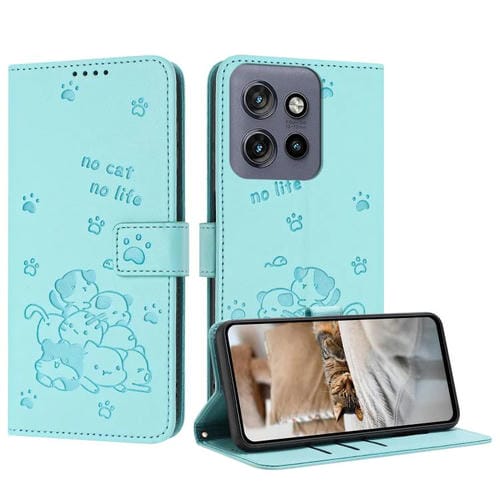 Funda de Cuero para Motorola Moto G15 con Diseño de Gatito en Relieve y Cordón (Verde Menta)