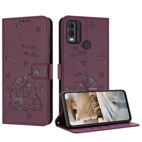Funda de Piel para Nokia C22 con Diseño de Gatito en Relieve y Cordón (Rojo Vino)