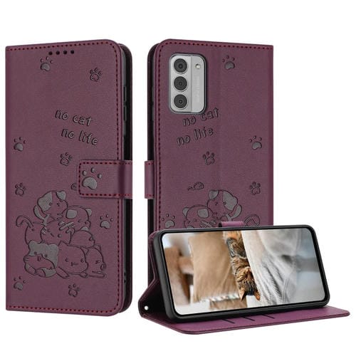 Funda de Cuero para Nokia G42 5G con Cordón y Diseño de Gatito en Relieve (Rojo Vino)