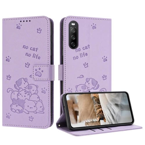 Funda de Cuero para Sony Xperia 10 IV con Diseño de Gatito en Relieve y Cordón (Morado)