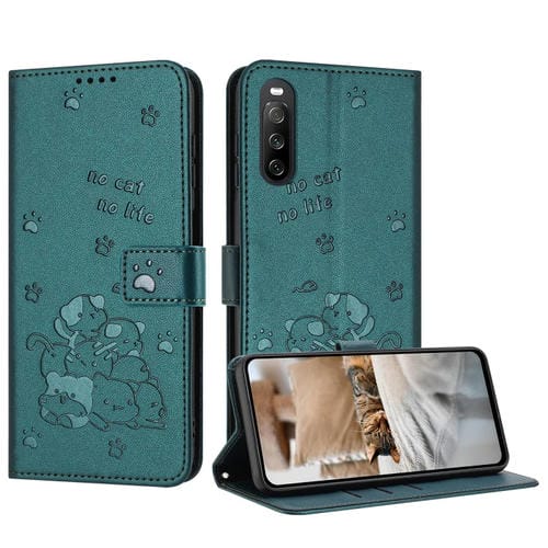 Funda de Piel para Sony Xperia 10 V (2023) con Diseño de Gatito En Relieve y Cordón (Verde Oscuro)